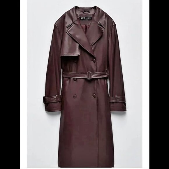 NWT ZARA Burgundy Faux Leather Trench Coat, Sz L - Picture 1 of 16